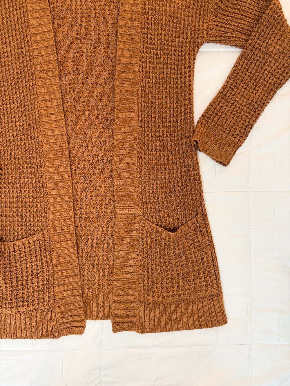 Women's Brown Waffle Knit Open Front Cardigan with Pockets - Picture 4 of 6